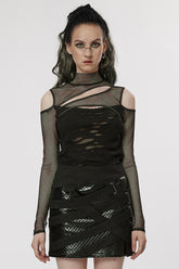 T-shirt punk pour femme noire à épaules dénudées en maille déchirée